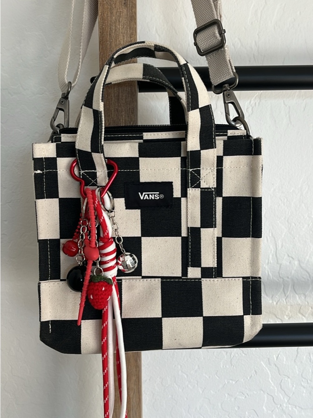 Vans Black & Cream Checker Mini Tote with Red Charm Accents